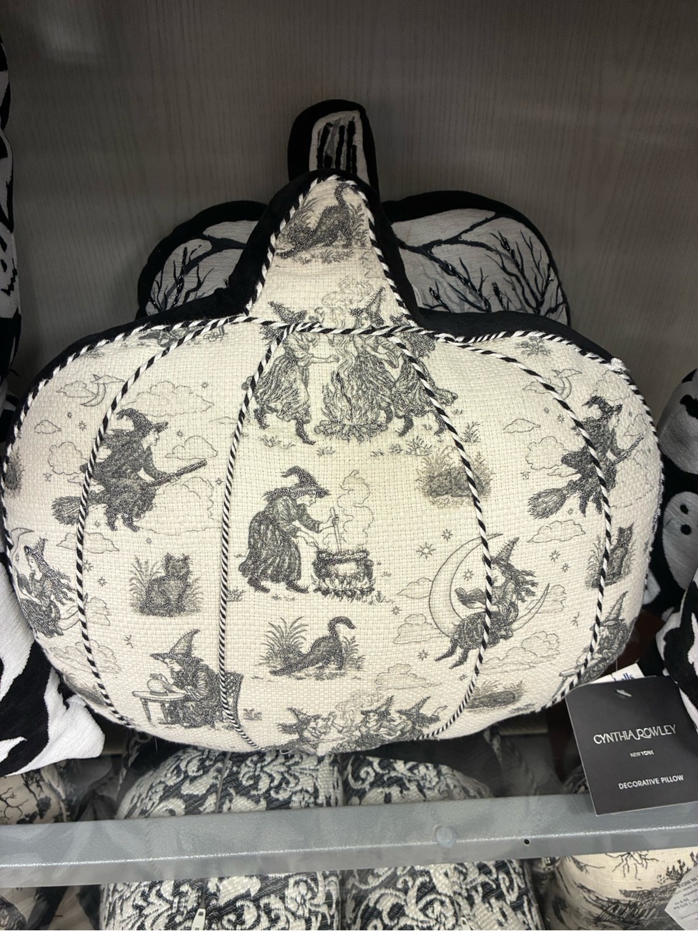 Cynthia Rowley Black and Cream Halloween Toile Pumpkin Accent Pillow